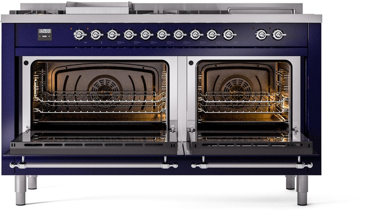 ILVE Nostalgie II 60" Dual Fuel Liquid Propane Range, Blue, Chrome Trim UP60FSNMPMBCLP