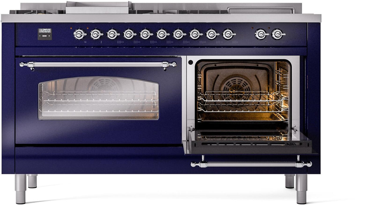 ILVE Nostalgie II 60" Dual Fuel Liquid Propane Range, Blue, Chrome Trim UP60FSNMPMBCLP
