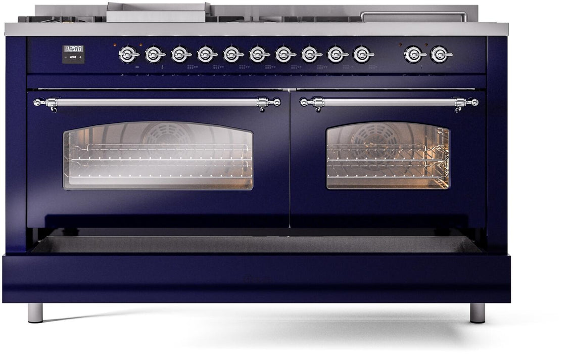 ILVE Nostalgie II 60" Dual Fuel Liquid Propane Range, Blue, Chrome Trim UP60FSNMPMBCLP