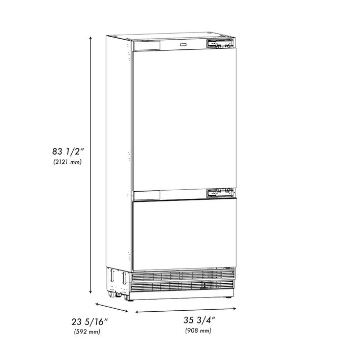 ZLINE 36" Panel Ready Built-In Bottom Freezer Refrigerator,Water Dispenser, Ice Maker,Graphite Gray GRBIT-36