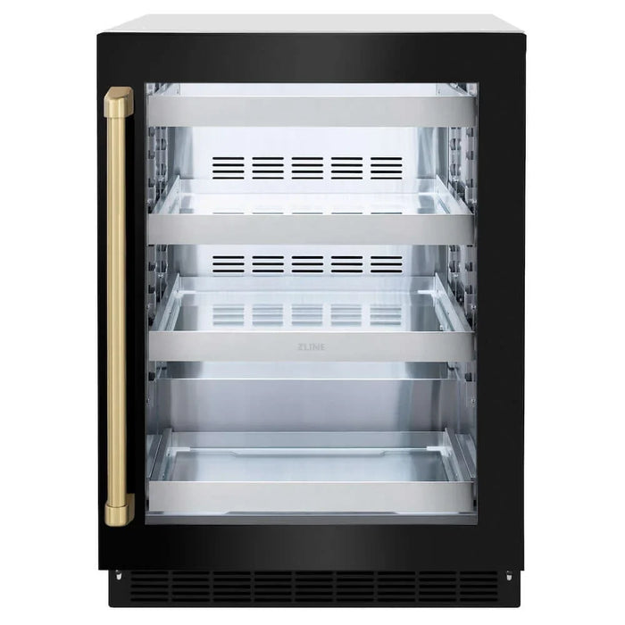 ZLINE 24" Touchstone 151 Can Beverage Fridge Black Stainless Steel Glass Door Champagne Bronze Handle RBSOZ-BS-24-CB