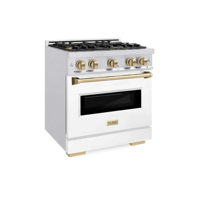 ZLINE 30" Dual Fuel Range, Gas Cooktop, Electric Convection Oven DuraSnow® Stainless Steel, White Matte Door, Champagne Bronze CDRSZ-WM-30-CB