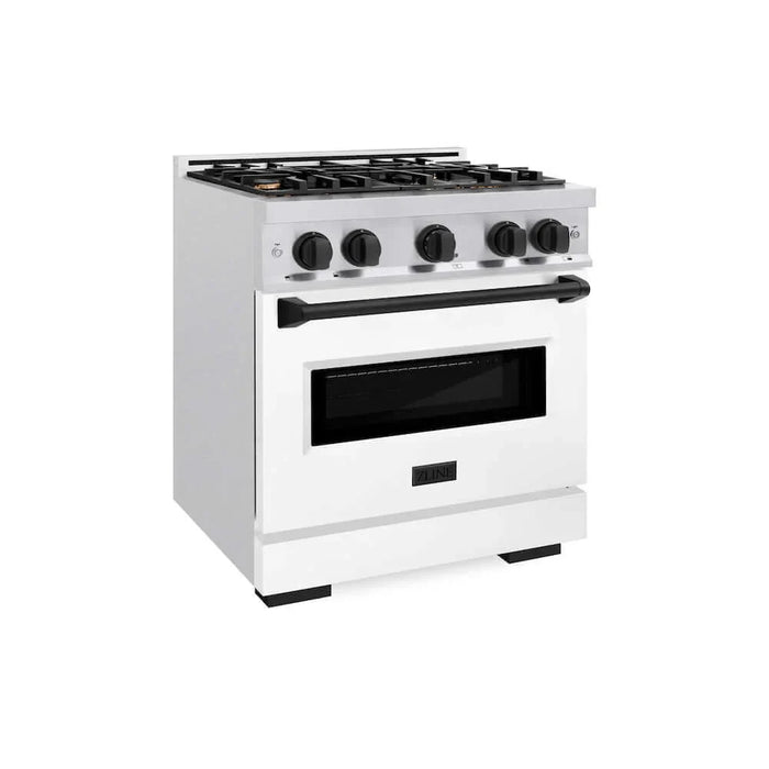ZLINE 30"Classic Gas Range, Convection Gas Oven, DuraSnow® Stainless Steel, White Matte Door Matte Black CGRSZ-WM-30-MB