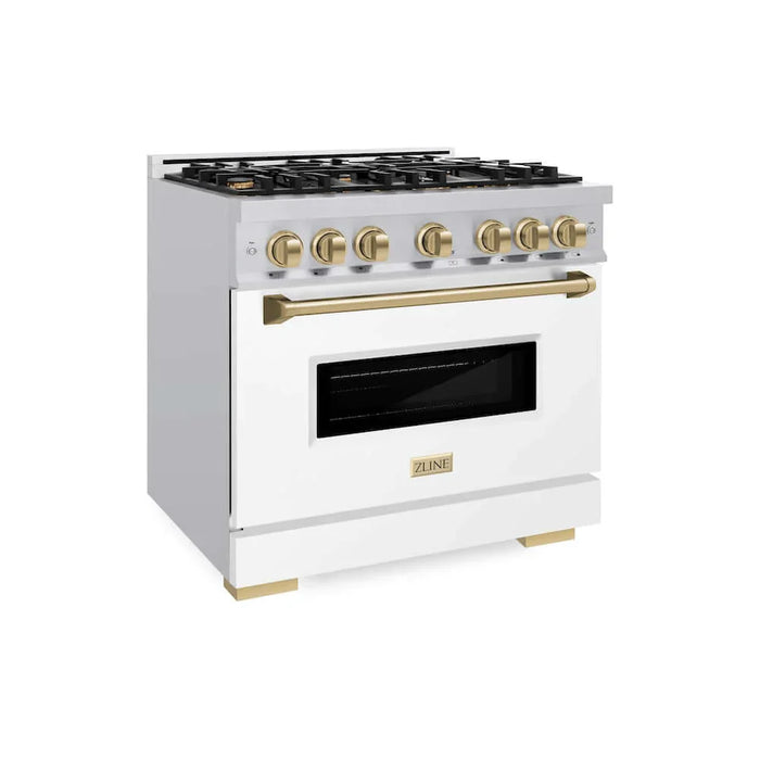 ZLINE 36" Dual Fuel Range, Gas Cooktop, Electric Convection Oven Stainless Steel, Matte White Door Champagne Bronze CDRZ-WM-36-CB