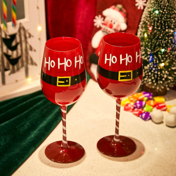 Ho Ho Ho Santa's Christmas Stemmed Wine & Water Glasses - Set of 2 - HoHoHo, Red & Black, 9" H - Holiday Parties Glassware - Xmas Tree - Set of 2, 17.5oz - Merry Christmas Santa Festive Glass