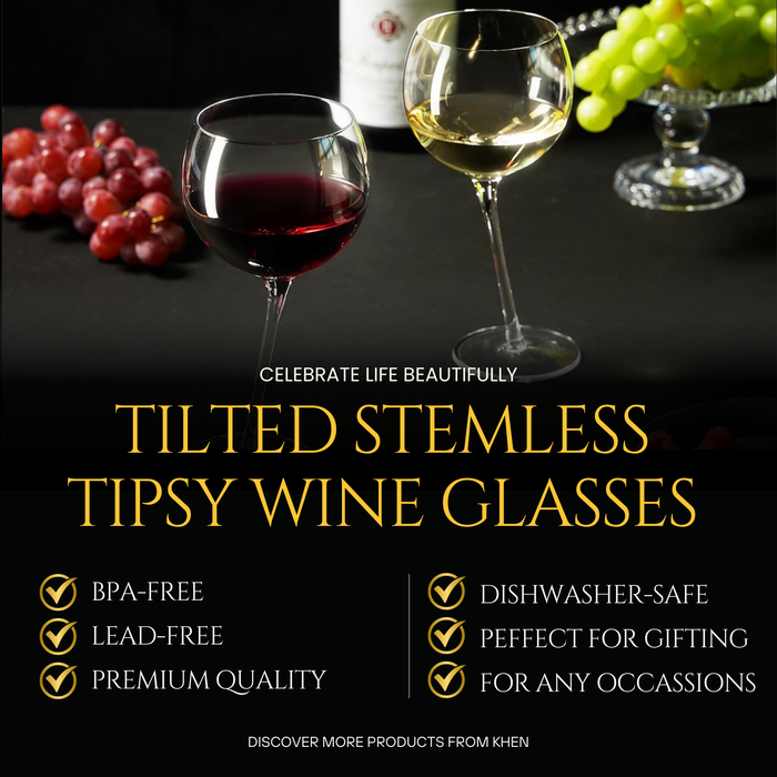 Tipsy Wine Glasses Set of 2 - 15.5OZ Unique Tilted Stemless Wine Glasses for Red or White Wine - Funny Novelty Drinkware for Parties, Bars, and Home Gift Idea - Lead-Free, Dishwasher Safe Glassware