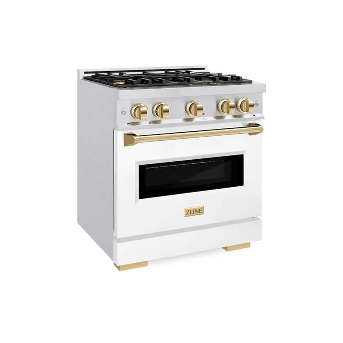 ZLINE 30" Dual Fuel Range, Gas Cooktop, Electric Convection Oven DuraSnow® Stainless Steel, White Matte Door, Gold CDRSZ-WM-30-G