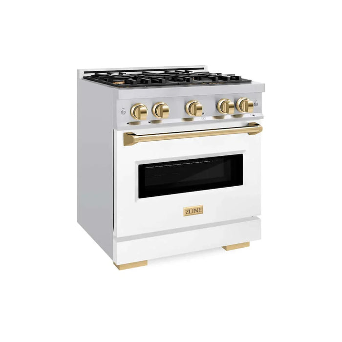ZLINE 30"Classic Gas Range, Convection Gas Oven, DuraSnow® Stainless Steel, White Matte Door Polished Gold CGRSZ-WM-30-G