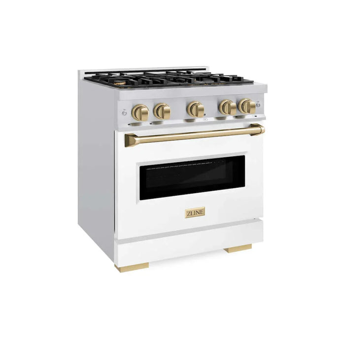 ZLINE 30" Dual Fuel Range, Gas Cooktop, Electric Convection Oven Stainless Steel, White Matte Champagne Bronze CDRZ-WM-30-CB
