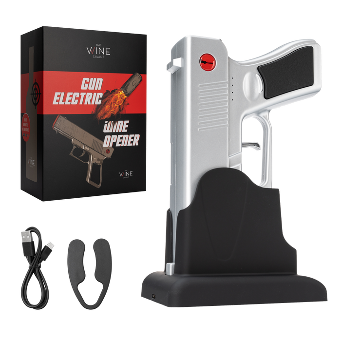 Electric Gun Wine Corkscrew Bottle Opener - Rechargeable Holster Base Cordless Battery - Automatically Open Wines Multifunctional Electronic Cork Puller - Guns Enthusiasts Gift & Vino Lovers (Silver)