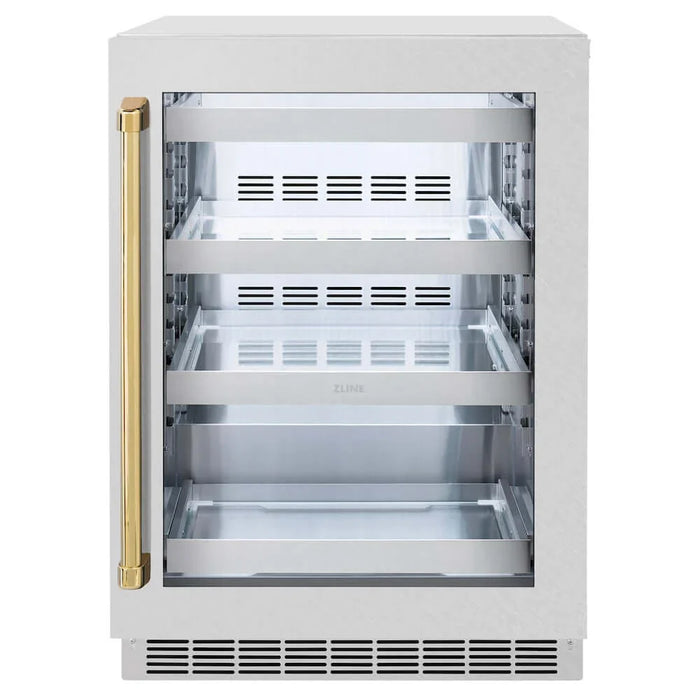 ZLINE 24" Touchstone 151 Can Beverage Fridge DuraSnow® Stainless Steel Glass Door Polished Gold Handle RBSOZ-SN-24-G