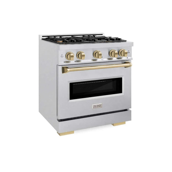 ZLINE 30" Dual Fuel Range, Gas Cooktop, Electric Convection Oven DuraSnow® Stainless Steel, Champagne Bronze CDRSZ-30-CB
