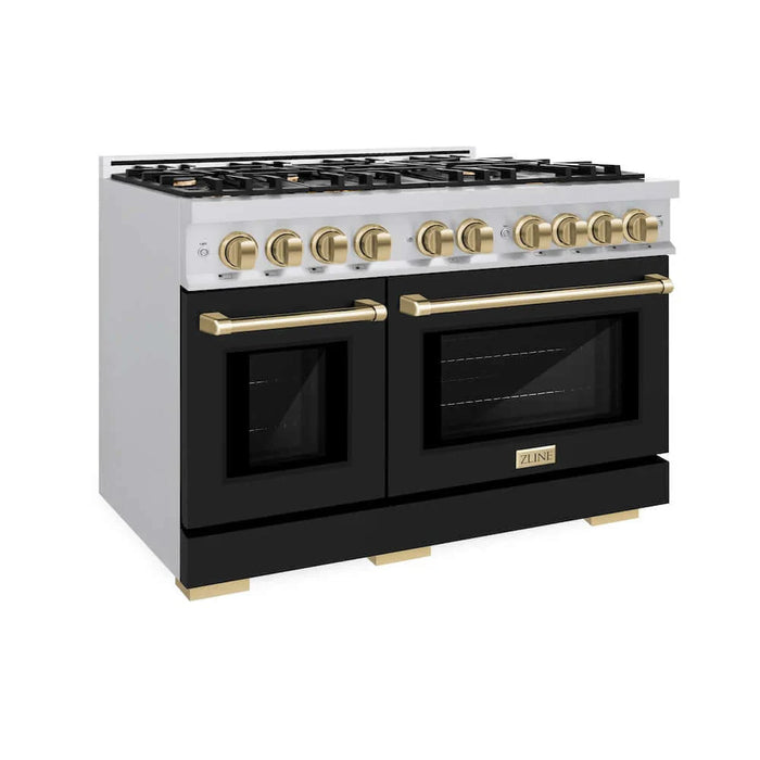 ZLINE 48" Select Dual Fuel Range Gas Cooktop Electric Convection Oven Stainless Steel Black Matte Doors Champagne Bronze HDRZ-BLM-48-CB