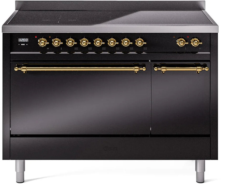 ILVE Nostalgie II 48 " Electric Range, Glossy Black, Brass Trim UPI486QNMPBKG