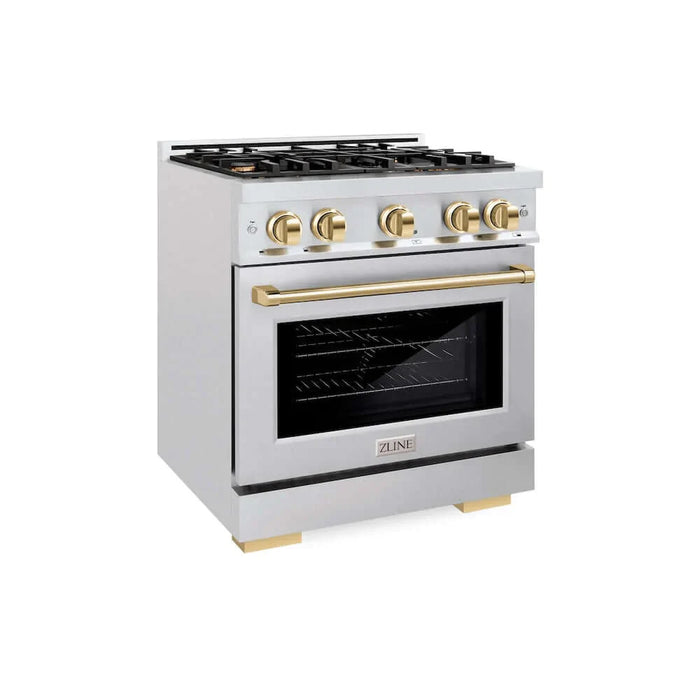 ZLINE 30" Select Dual Fuel Range Gas Cooktop Electric Convection Oven DuraSnow® Stainless Steel Gold HDRSZ-30-G