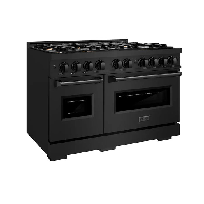 ZLINE 48" Dual Fuel Range, Gas Cooktop, Electric Convection Oven Black Stainless Steel Brass Burners, CDRB-BR-48