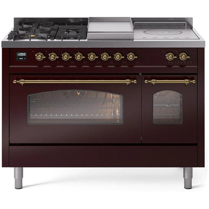 ILVE Nostalgie II 48"  Dual Fuel Natural Gas Range Burgundy Brass Trim UP48FSNMPBUG