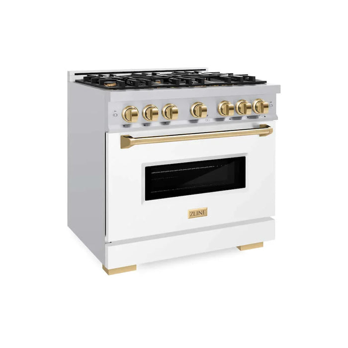 ZLINE 36" Dual Fuel Range, Gas Cooktop, Electric Convection Oven Stainless Steel, Matte White Door Polished Gold CDRZ-WM-36-G