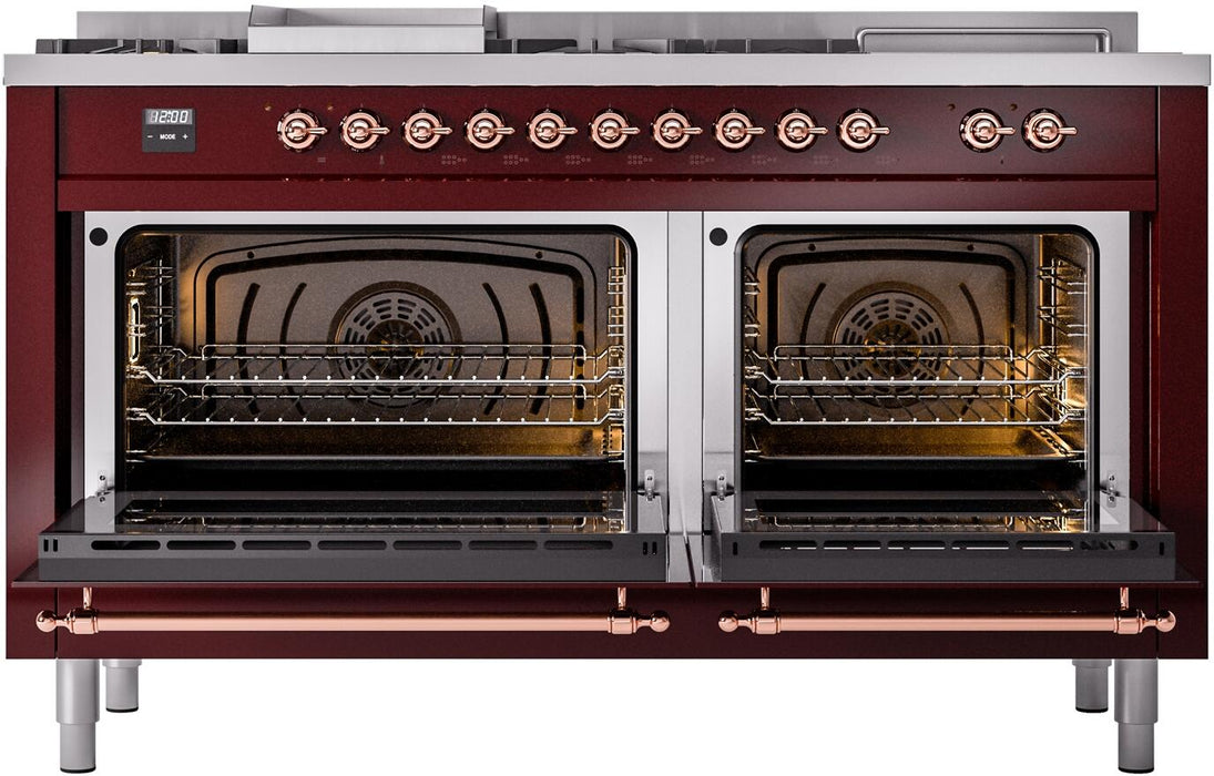 ILVE Nostalgie II 60" Dual Fuel Liquid Propane Range, Burgundy, Copper Trim UP60FSNMPBUPLP