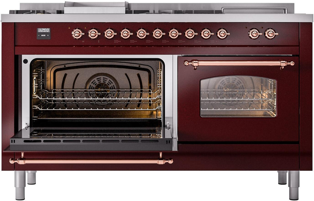 ILVE Nostalgie II 60" Dual Fuel Liquid Propane Range, Burgundy, Copper Trim UP60FSNMPBUPLP