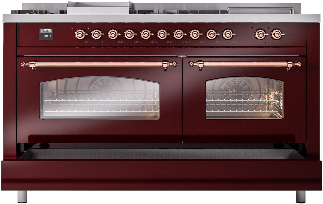 ILVE Nostalgie II 60" Dual Fuel Liquid Propane Range, Burgundy, Copper Trim UP60FSNMPBUPLP