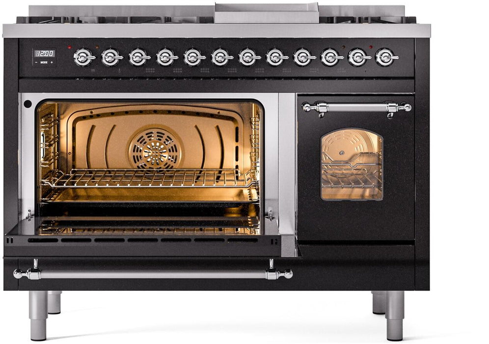 ILVE Nostalgie II 48" Dual Fuel Liquid Propane Range, Glossy Black, Chrome Trim UP48FNMPBKCLP