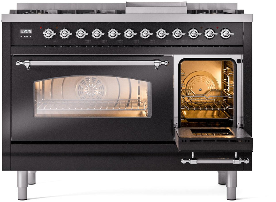 ILVE Nostalgie II 48" Dual Fuel Liquid Propane Range, Glossy Black, Chrome Trim UP48FNMPBKCLP