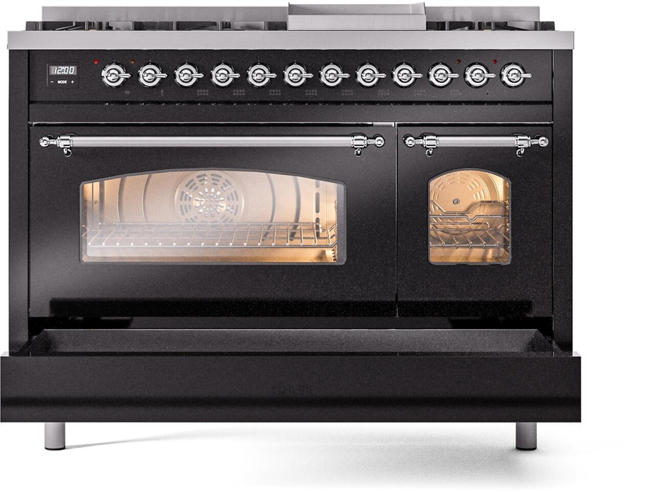 ILVE Nostalgie II 48" Dual Fuel Liquid Propane Range, Glossy Black, Chrome Trim UP48FNMPBKCLP