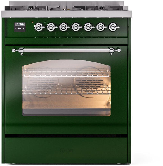 ILVE Nostalgie II 30" Dual Fuel Liquid Propane Range, Emerald Green, Chrome Trim UP30NMPEGCLP