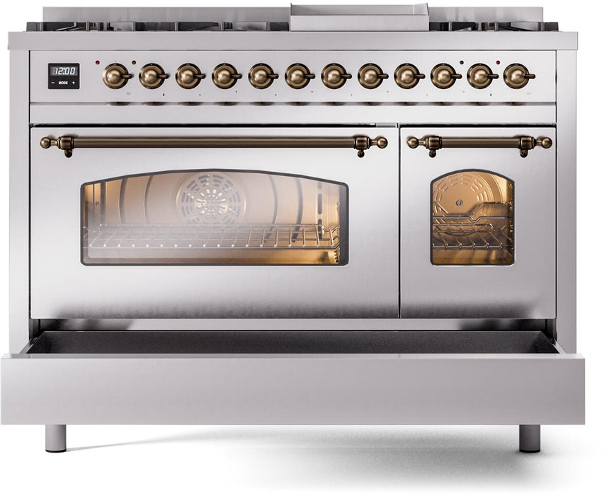 ILVE Nostalgie II 48" Dual Fuel Liquid Propane Range, Stainless Steel, Bronze Trim UP48FNMPSSBLP