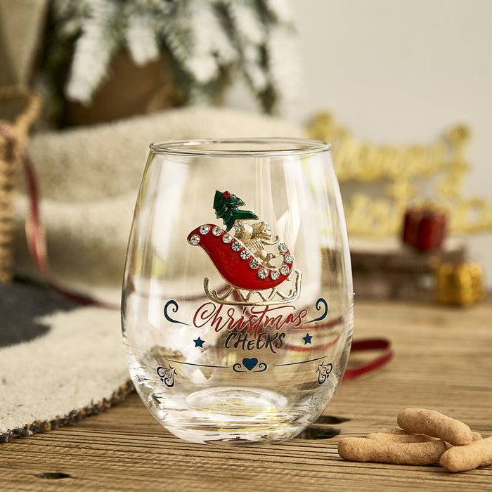 Crystal Christmas Santa's Sleigh Wine & Water Glasses - Set of 2, 17.5oz - Xmas Diamond Merry Christmas Santa Holiday Festive Theme Stemless Glass - New Year Holiday Gifts for Men Women Friend Family