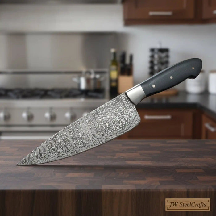 2-Piece Hand-Forged Chef Knife with Pattern-Welded Damascus with Black Micarta Handles (Professional Set)