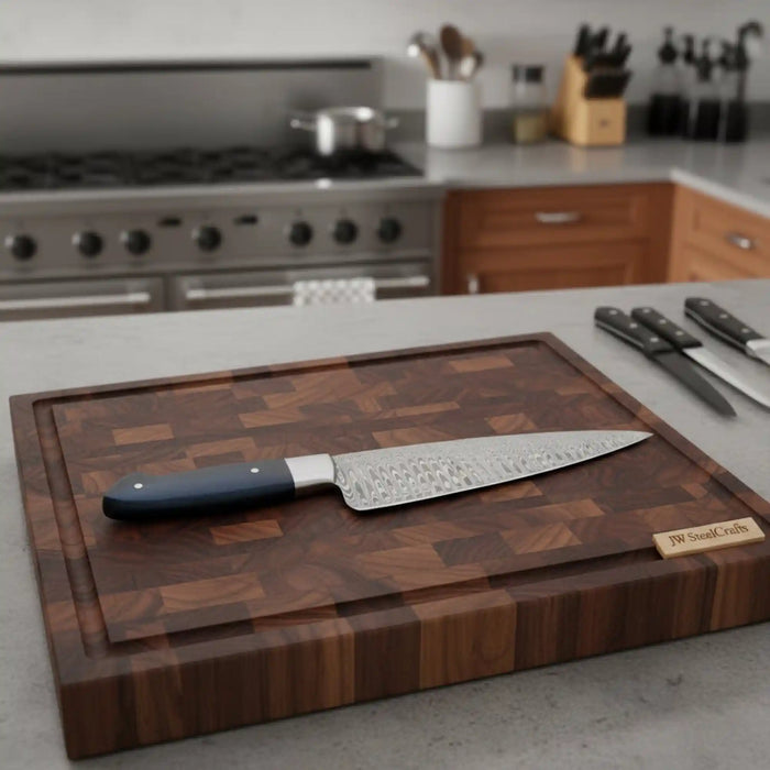 2-Piece Hand-Forged Chef Knife with Pattern-Welded Damascus with Black Micarta Handles (Professional Set)