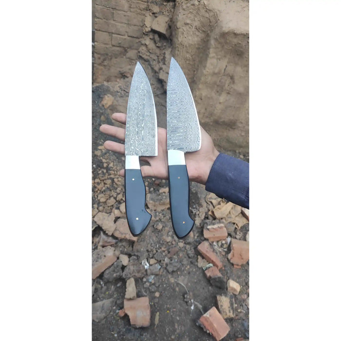 2-Piece Hand-Forged Chef Knife with Pattern-Welded Damascus with Black Micarta Handles (Professional Set)