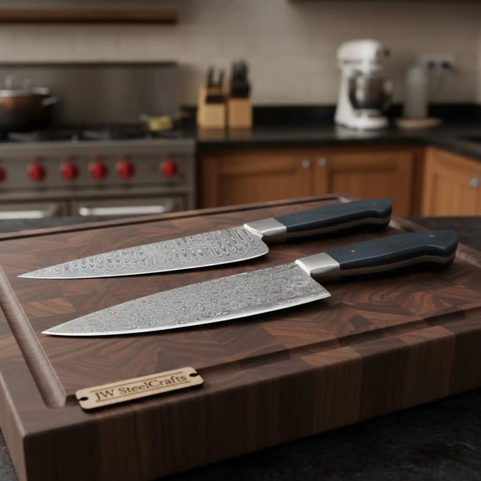 2-Piece Hand-Forged Chef Knife with Pattern-Welded Damascus with Black Micarta Handles (Professional Set)