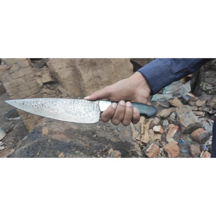 2-Piece Hand-Forged Chef Knife with Pattern-Welded Damascus with Black Micarta Handles (Professional Set)