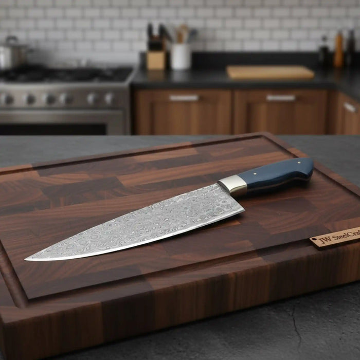 2-Piece Hand-Forged Chef Knife with Pattern-Welded Damascus with Black Micarta Handles (Professional Set)