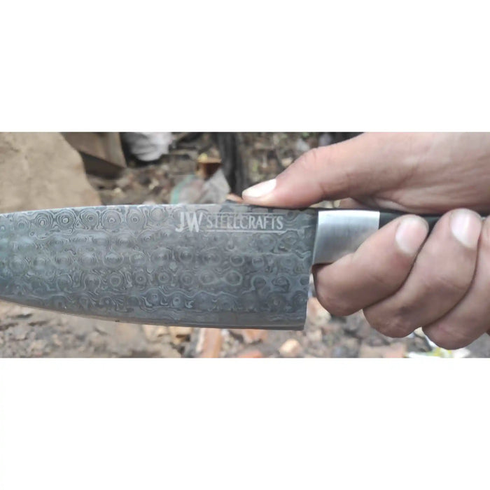 2-Piece Hand-Forged Chef Knife with Pattern-Welded Damascus with Black Micarta Handles (Professional Set)