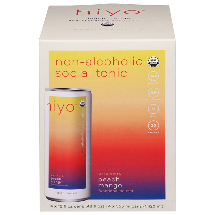Hiyo - Organic Peach Mango Seltzer, 4/12 fl oz (Pack of 6) - Vegan Sparkling Drink