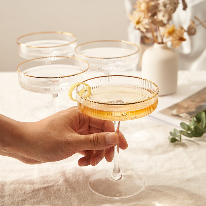 Ribbed Coupe Cocktail Glasses With Gold Rim 8 oz | Set of 4