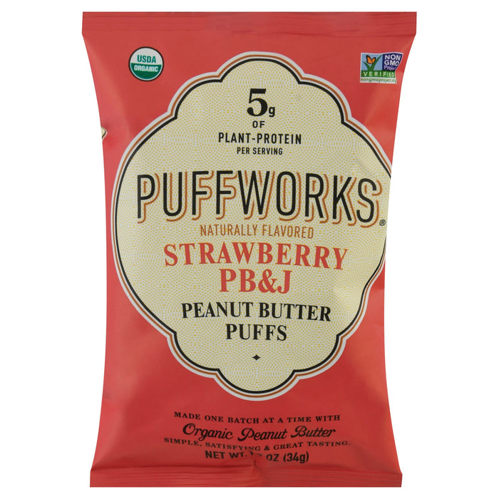 Puffworks Puff Organic Strawberry PB&J - 6 x 1.2 oz - Organic Peanut Butter Puffs