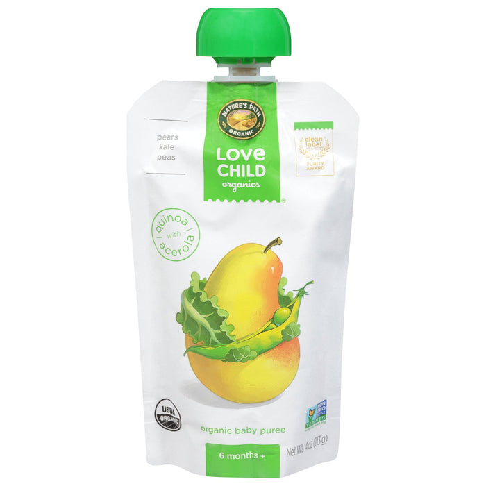 Love Child Organics Pears Kale Peas Puree, Organic Baby Food, 12-4 oz Pouches