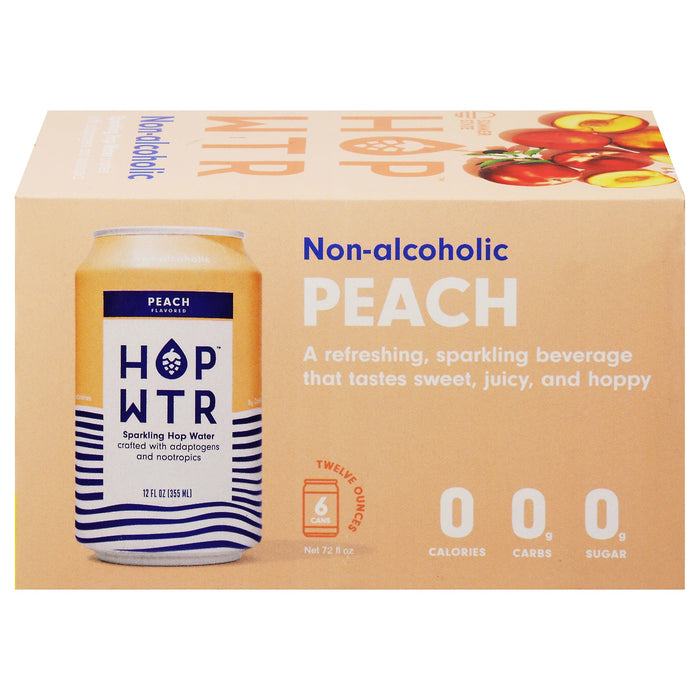 Hop Wtr - Sparkling Peach Hop Water, 6/12 fl oz (Case of 4) - Non-Alcoholic Refreshment