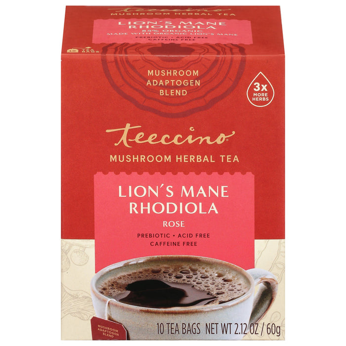 Teeccino Mushroom Herbal Tea: Lion's Mane, Reishi, Chaga - Organic, Caffeine-Free (Pack of 6-10 Bags)