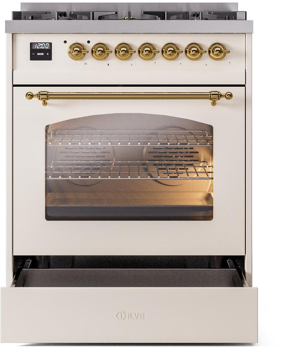 ILVE Nostalgie II 30" Dual Fuel Liquid Propane Range, Antique White, Brass Trim UP30NMPAWGLP