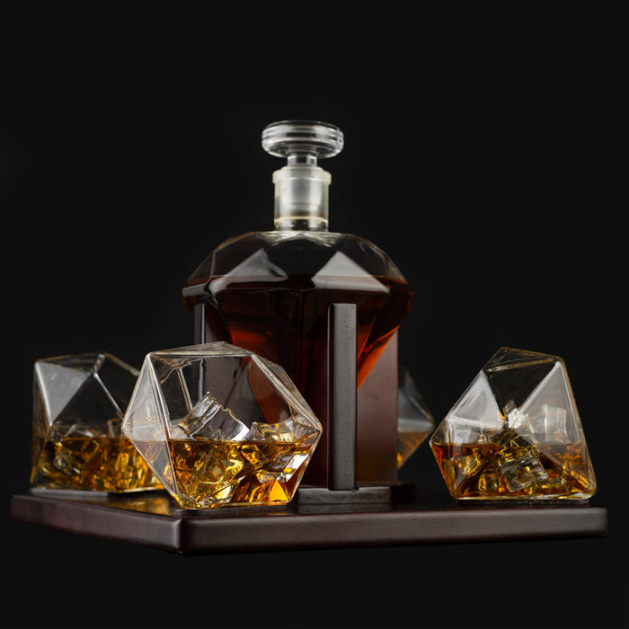 The Wine Savant Diamond Whiskey and Wine Decanter, Great Gift! 750ml With 4 Diamond Glasses and Beautiful Mahogany Wooden Holder Liquor, Scotch, Rum, Bourbon, Vodka, Tequila Decanter