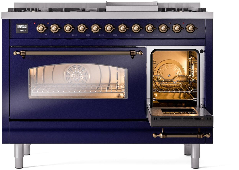 ILVE Nostalgie II 48" Dual Fuel Liquid Propane Range, Blue, Bronze Trim UP48FNMPMBBLP