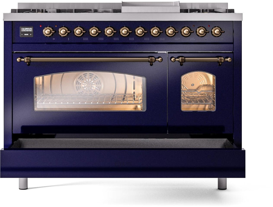 ILVE Nostalgie II 48" Dual Fuel Liquid Propane Range, Blue, Bronze Trim UP48FNMPMBBLP