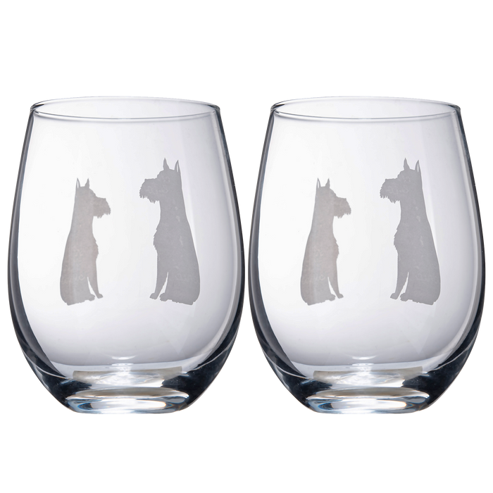 Set of 2 Dog Stemless Schnauzer Wine Glasses by The Wine Savant - Puppy & Doggy Lover for Him and Her Dogs Silhouette - Glass Gifts Etched Tumblers for Anniversary, Wedding, Bar Gifts Schnauzer Snout