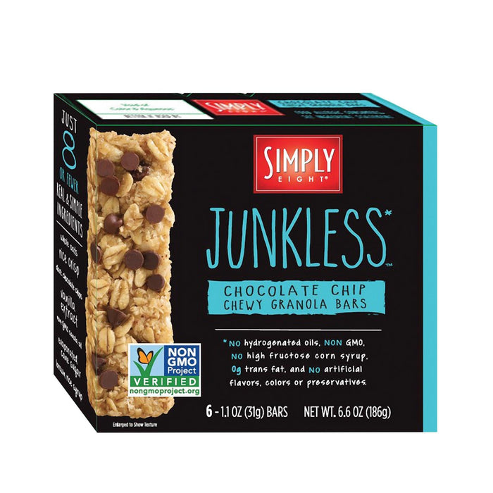 Simply 8 Junkless Chewy Granola Bars, Real Chocolate Chip, GMO-Free, Case of 8 (6.6 oz)